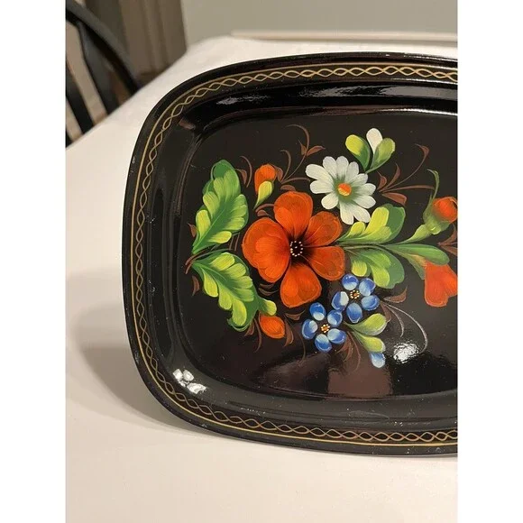 5 Vintage Zhostovo Soviet Russian Hand Painted Flowers Toleware Trays Yeha 8x6” - Picture 12 of 15